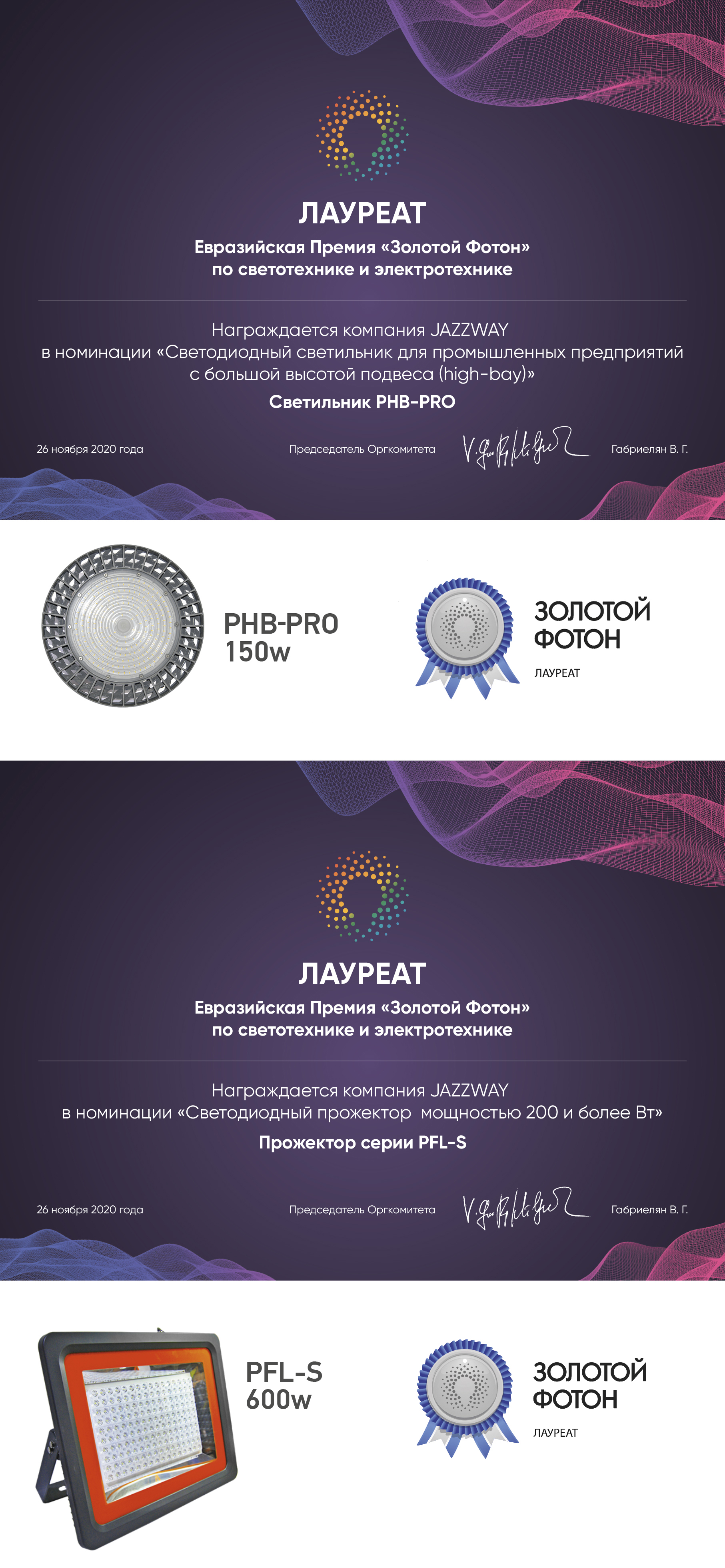 Официальные лауреаты премии «Золотой Фотон» Светильник PHB-PRO 150w и Прожектор PFL-S 600w