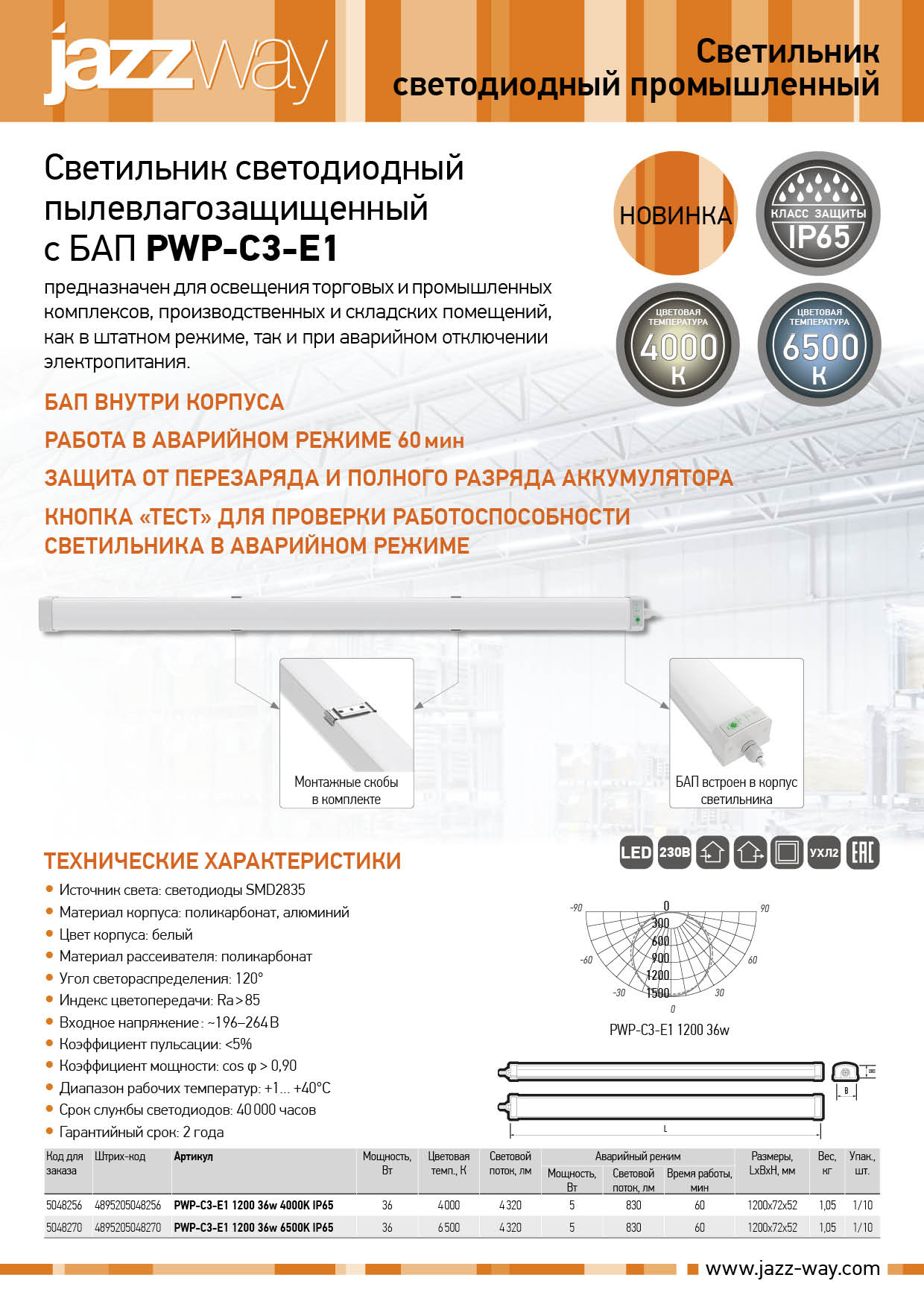 Светильник светодиодный пылевлагозащищенный с БАП PWP-С3-E1