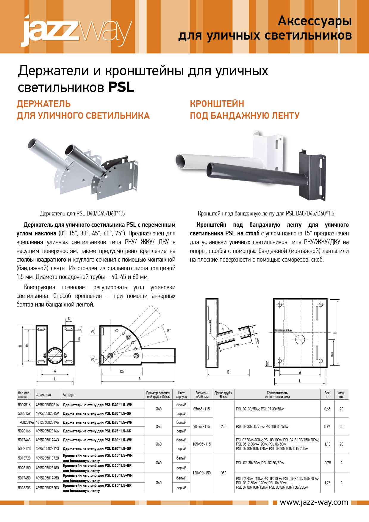 Держатели и кронштейны для уличных светильников PSL