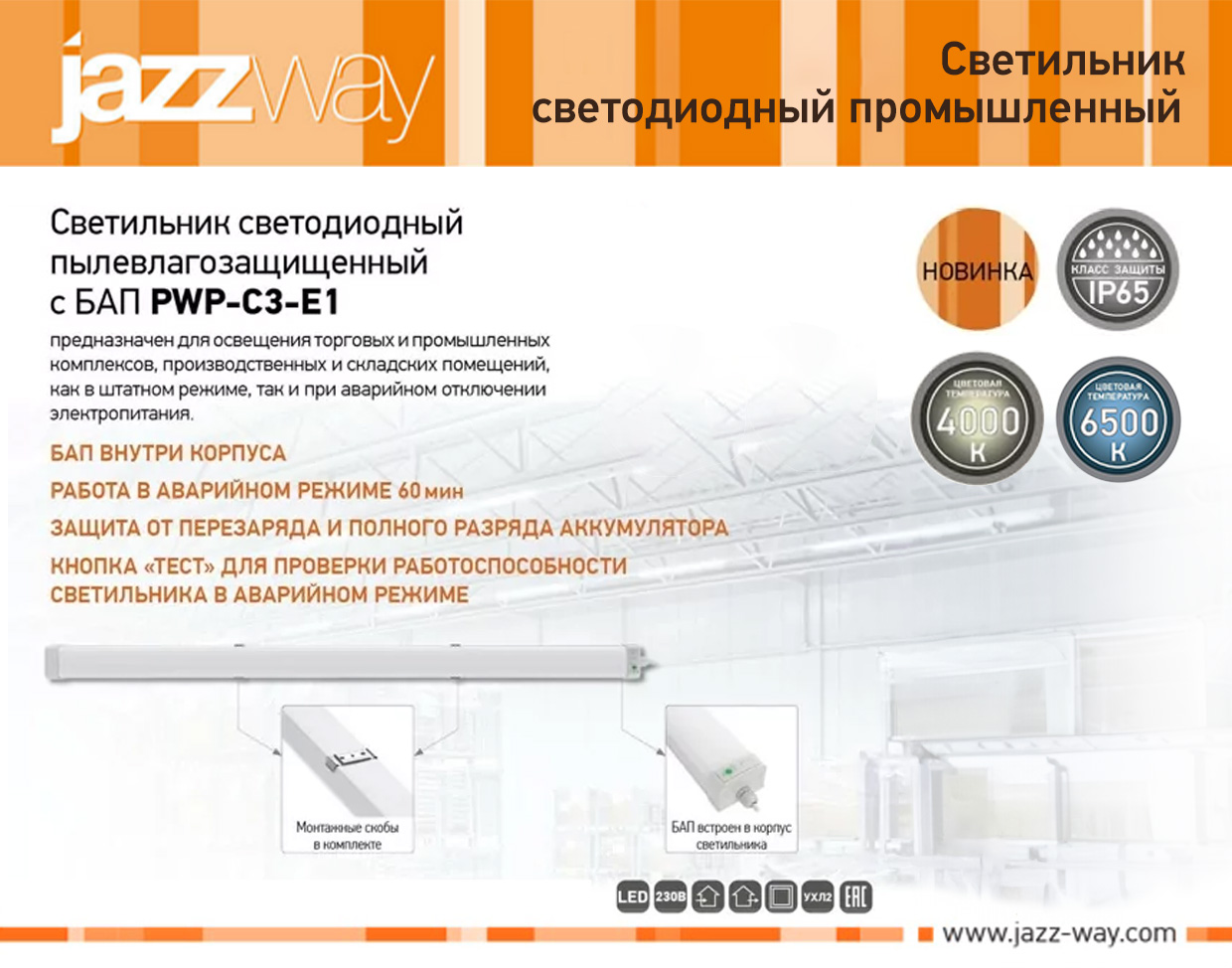 Светильник светодиодный пылевлагозащищенный с БАП PWP-С3-E1