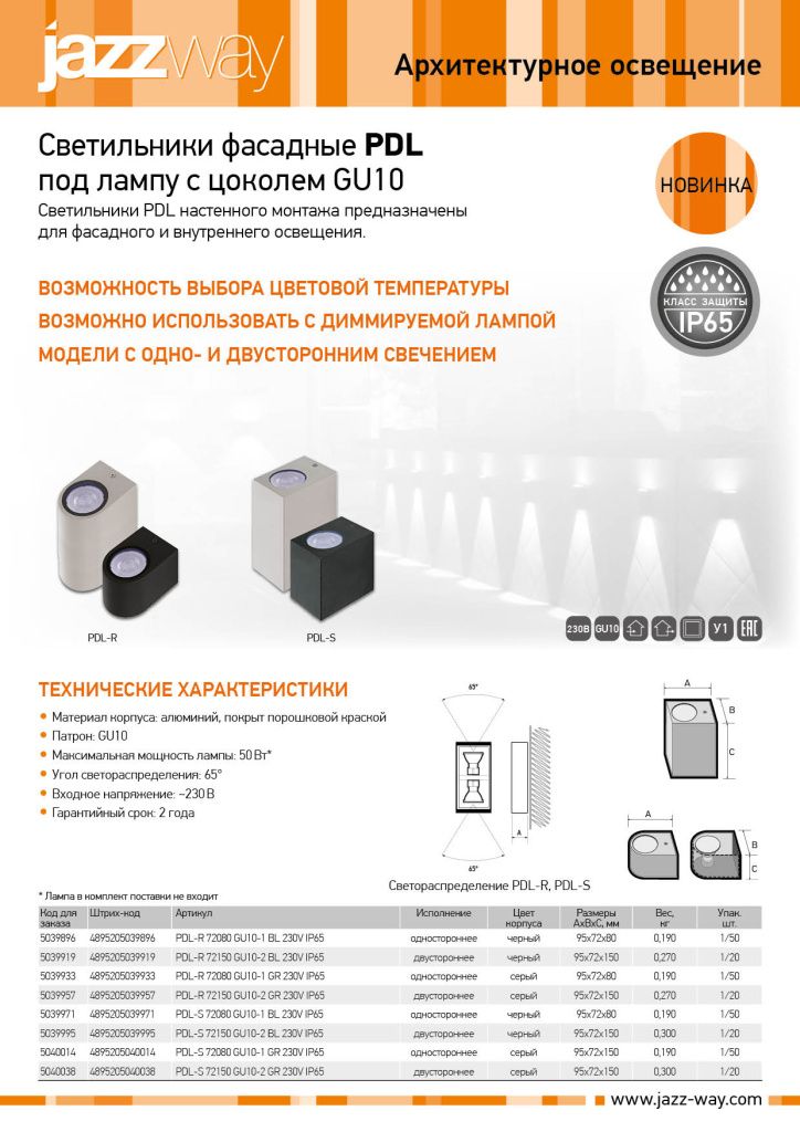 Светильники фасадные PDL под лампу с цоколем GU10