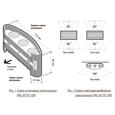 Светильник светодиодный настенный PWL-81170 6W+4W 3000K BL 230V IP54