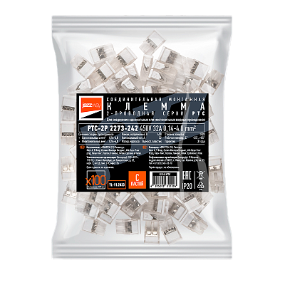 Клемма монтажная СМК PTC-2P 2273-242 450V 32A 0,5-2.5mm2 / 100 шт./ Jazzway