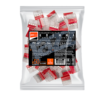 Клемма монтажная СМК PTC-4P 2273-244 450V 32A 0,5-2.5mm2 / 50 шт./ Jazzway 